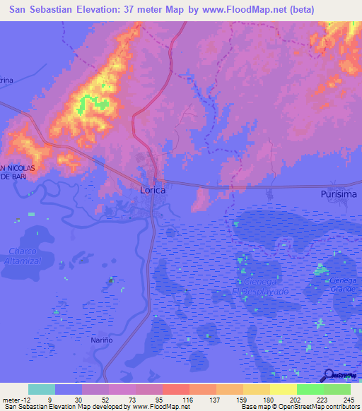 San Sebastian,Colombia Elevation Map