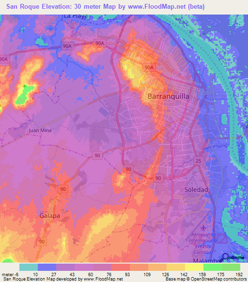 San Roque,Colombia Elevation Map