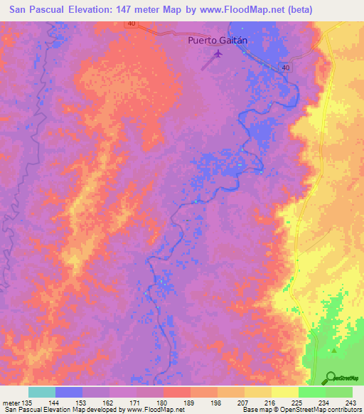 San Pascual,Colombia Elevation Map