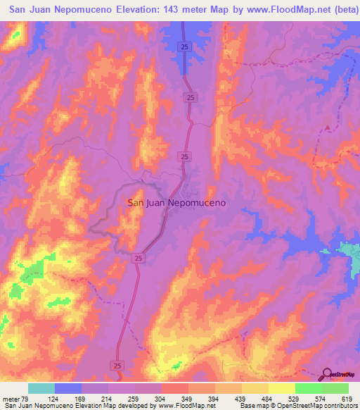 San Juan Nepomuceno,Colombia Elevation Map