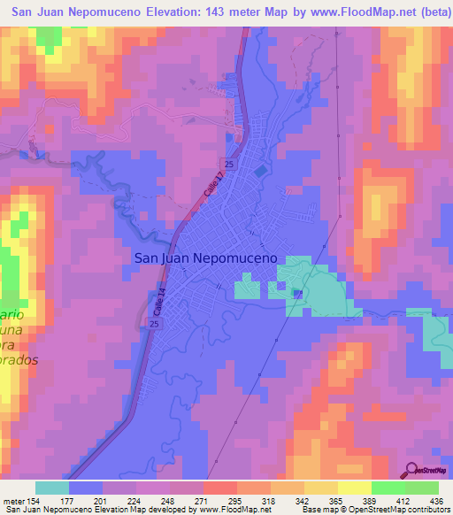 San Juan Nepomuceno,Colombia Elevation Map