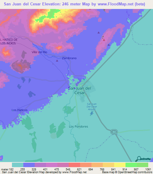 San Juan del Cesar,Colombia Elevation Map