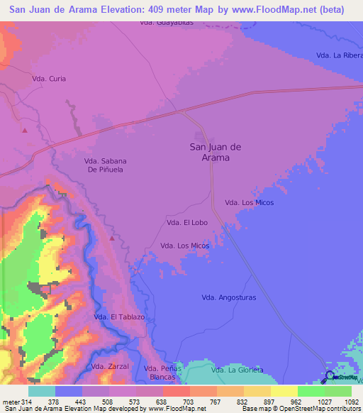 San Juan de Arama,Colombia Elevation Map