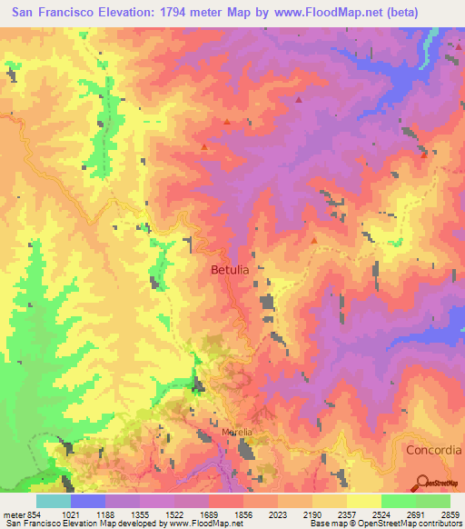 San Francisco,Colombia Elevation Map