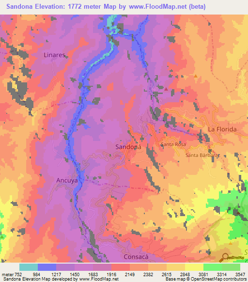 Sandona,Colombia Elevation Map