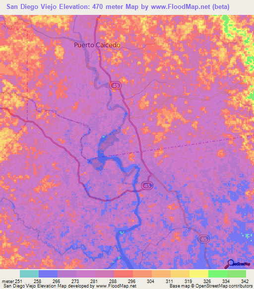 San Diego Viejo,Colombia Elevation Map