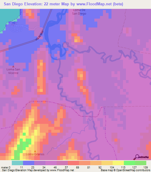 San Diego,Colombia Elevation Map