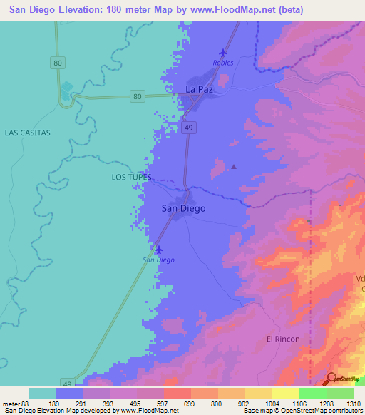 San Diego,Colombia Elevation Map