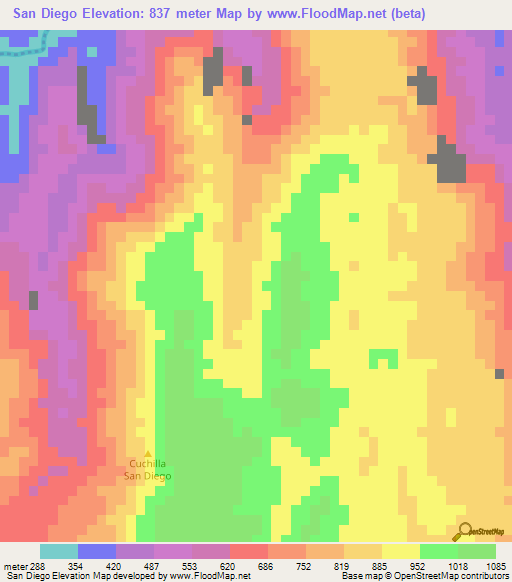 San Diego,Colombia Elevation Map