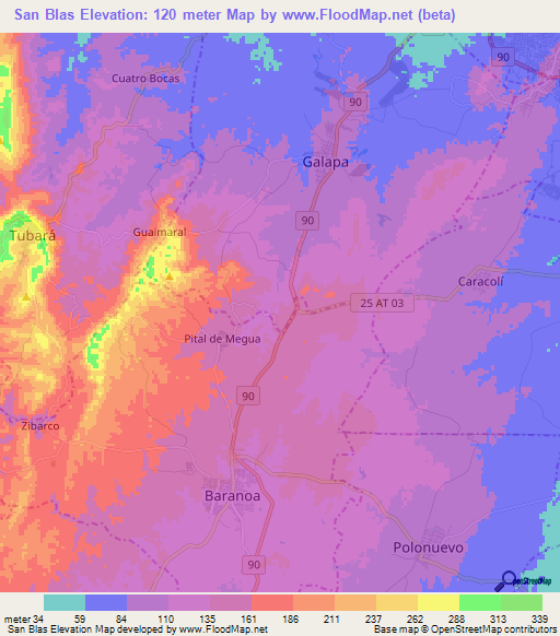 San Blas,Colombia Elevation Map