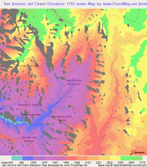 San Antonio del Chami,Colombia Elevation Map