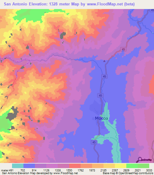 San Antonio,Colombia Elevation Map