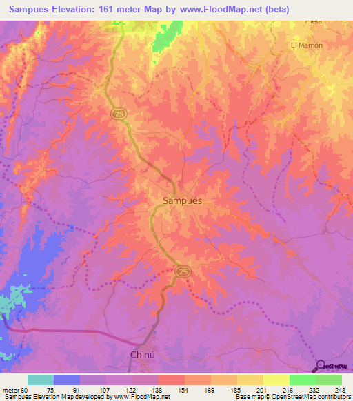 Sampues,Colombia Elevation Map