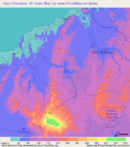 Saco,Colombia Elevation Map