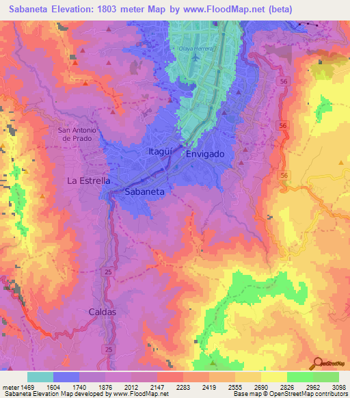 Sabaneta,Colombia Elevation Map