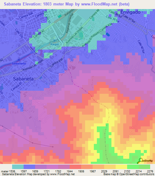 Sabaneta,Colombia Elevation Map