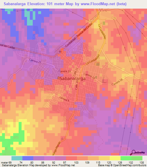 Sabanalarga,Colombia Elevation Map