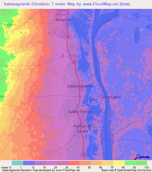 Sabanagrande,Colombia Elevation Map