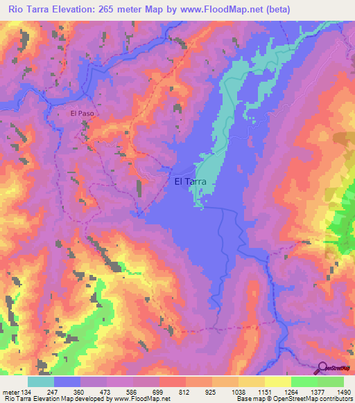 Rio Tarra,Colombia Elevation Map