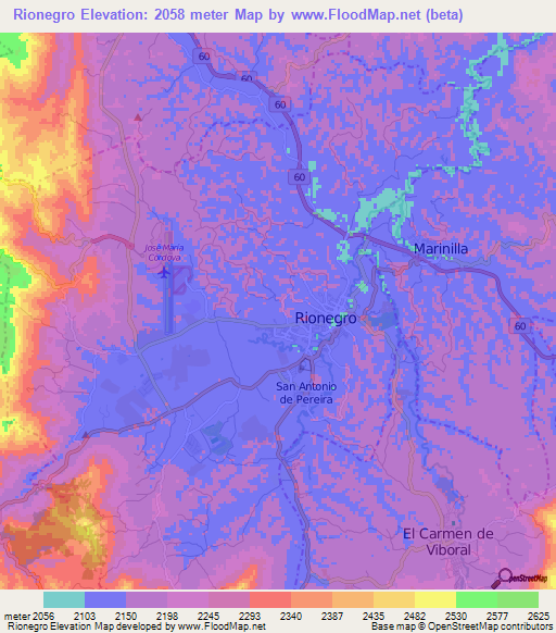 Rionegro,Colombia Elevation Map