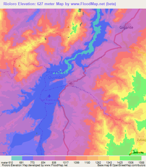 Rioloro,Colombia Elevation Map