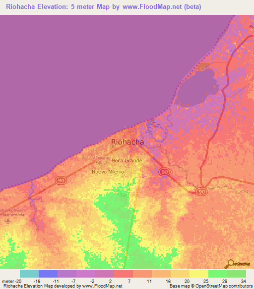 Riohacha,Colombia Elevation Map