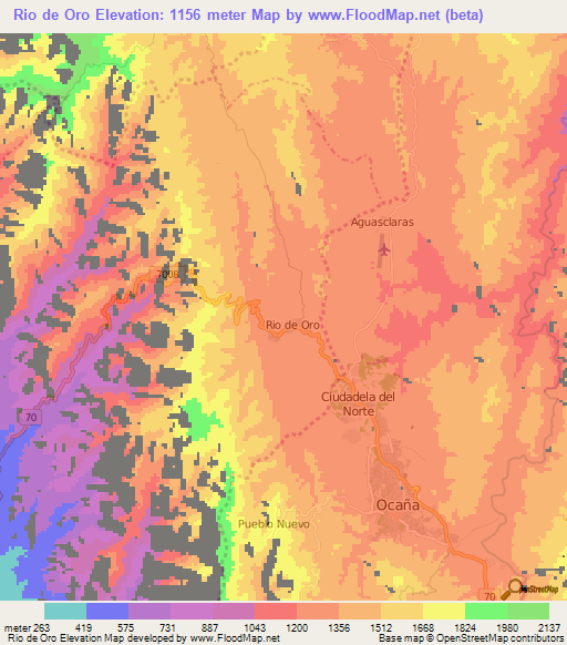 Rio de Oro,Colombia Elevation Map