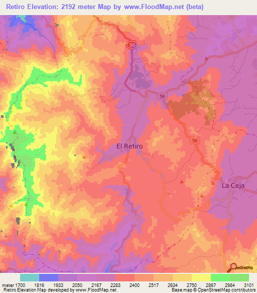 Retiro,Colombia Elevation Map