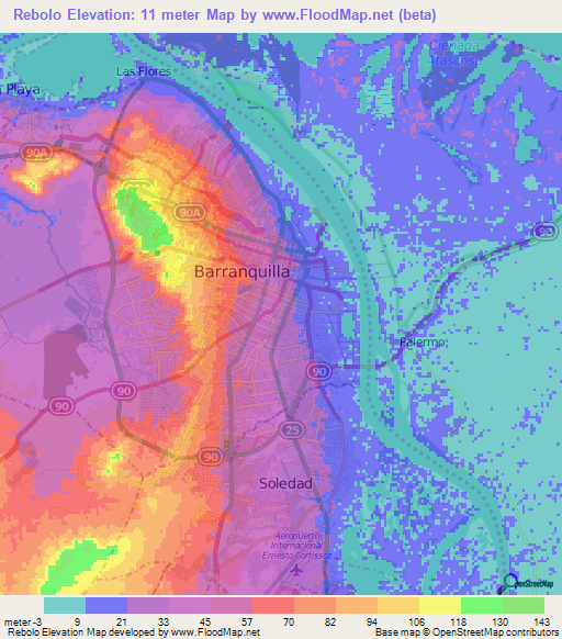 Rebolo,Colombia Elevation Map