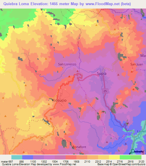 Quiebra Loma,Colombia Elevation Map