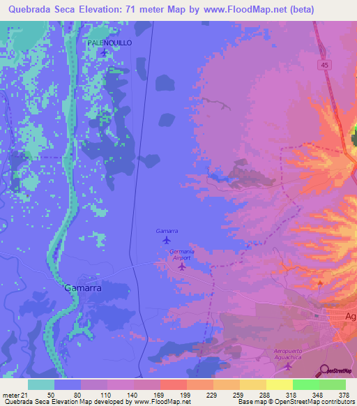 Quebrada Seca,Colombia Elevation Map