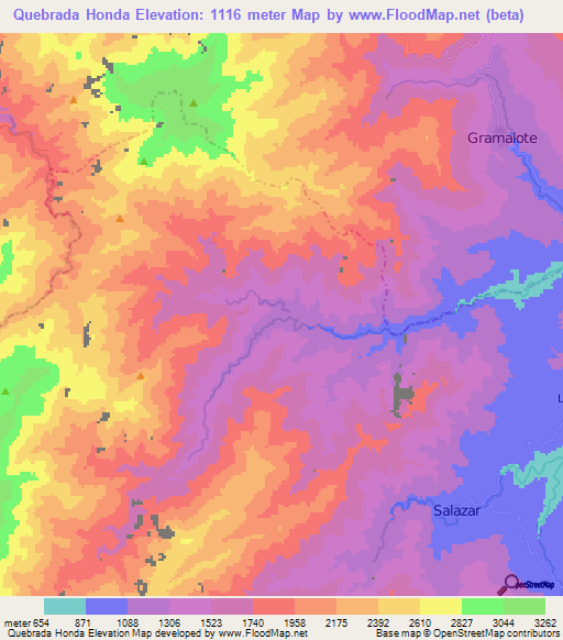 Quebrada Honda,Colombia Elevation Map