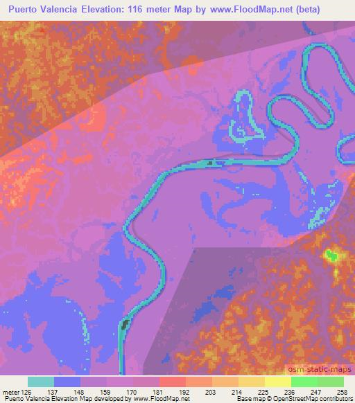 Puerto Valencia,Colombia Elevation Map