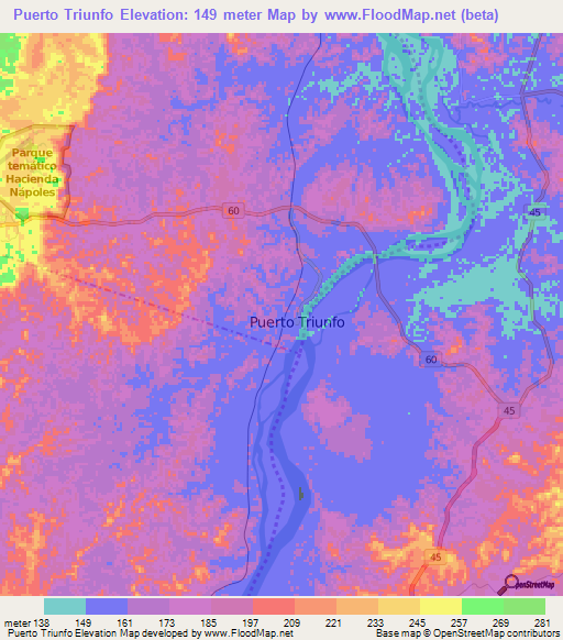 Puerto Triunfo,Colombia Elevation Map