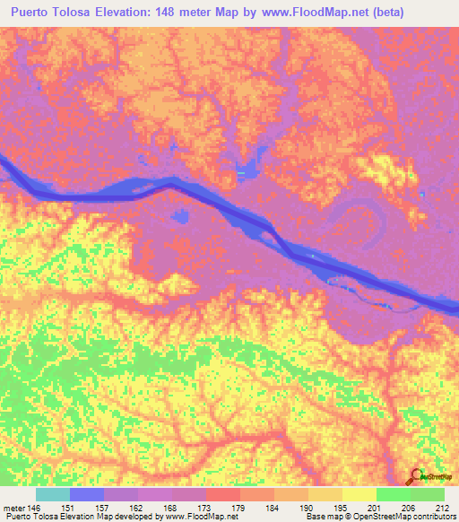 Puerto Tolosa,Colombia Elevation Map