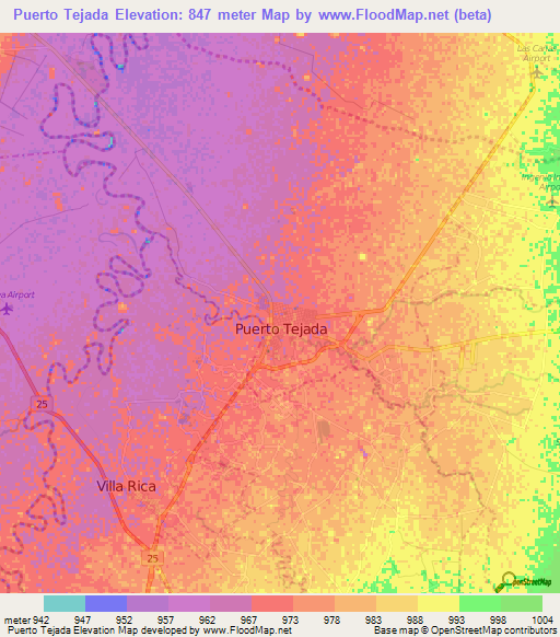 Puerto Tejada,Colombia Elevation Map