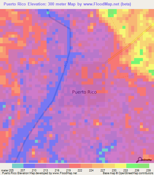 Puerto Rico,Colombia Elevation Map