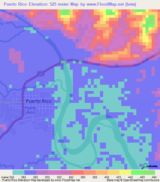 Puerto Rico,Colombia Elevation Map