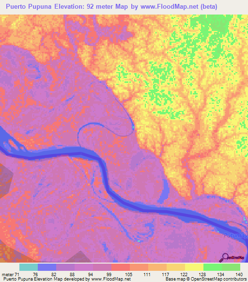 Puerto Pupuna,Colombia Elevation Map