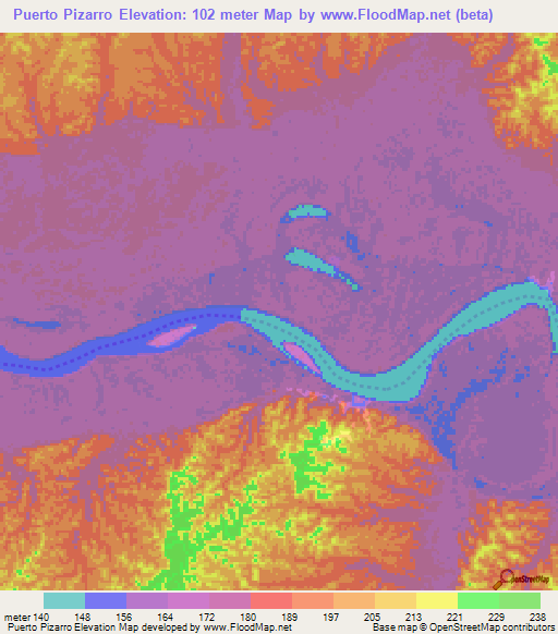 Puerto Pizarro,Colombia Elevation Map