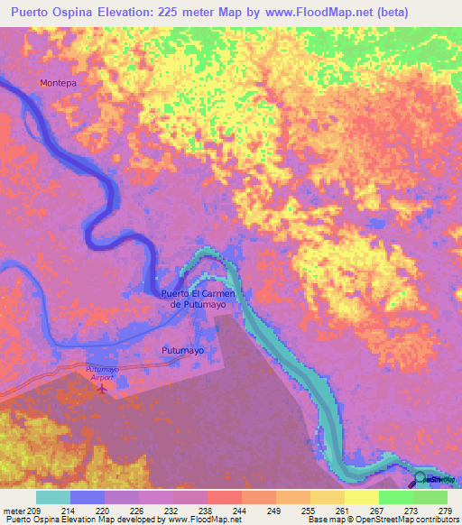 Puerto Ospina,Colombia Elevation Map