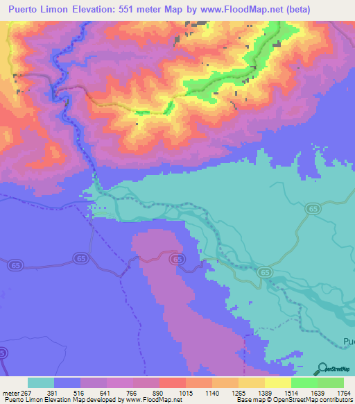 Puerto Limon,Colombia Elevation Map