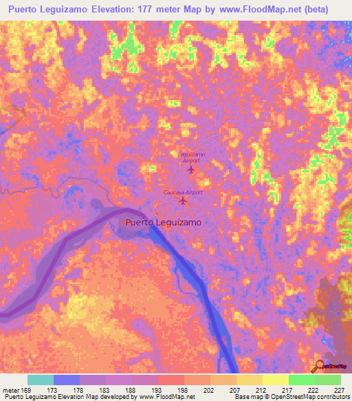 Puerto Leguizamo,Colombia Elevation Map