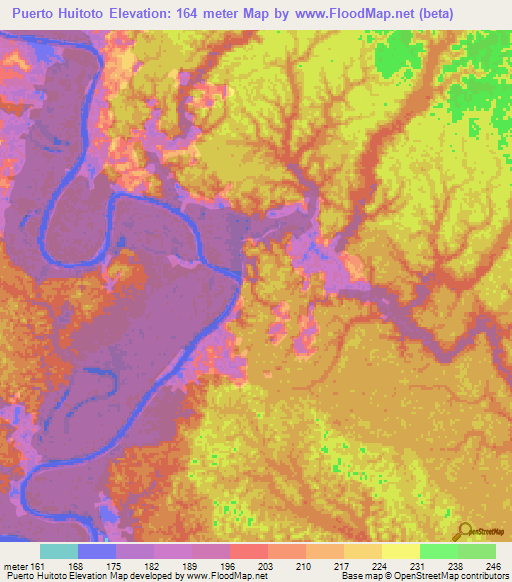 Puerto Huitoto,Colombia Elevation Map