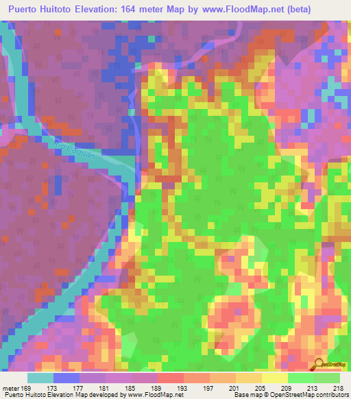 Puerto Huitoto,Colombia Elevation Map