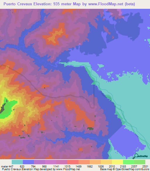 Puerto Crevaux,Colombia Elevation Map