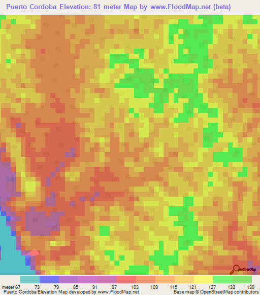 Puerto Cordoba,Colombia Elevation Map