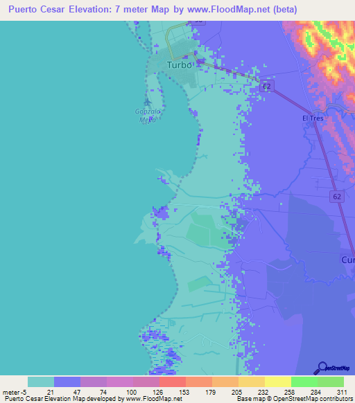 Puerto Cesar,Colombia Elevation Map