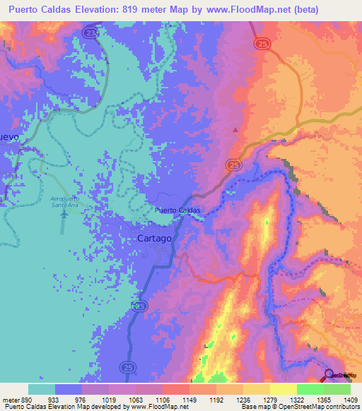 Puerto Caldas,Colombia Elevation Map