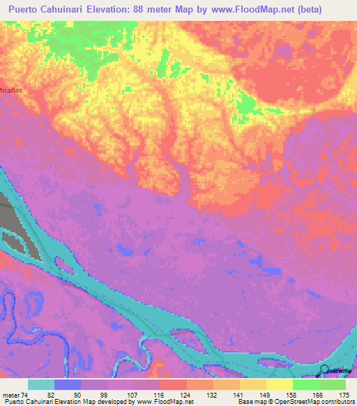 Puerto Cahuinari,Colombia Elevation Map